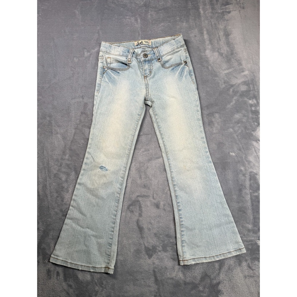 Lei Chelsea Kathy Jeans Girls 6X Blue Stretch Distressed Low Rise Bootcut Leg
